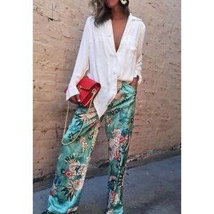 Zara green floral wide leg pants